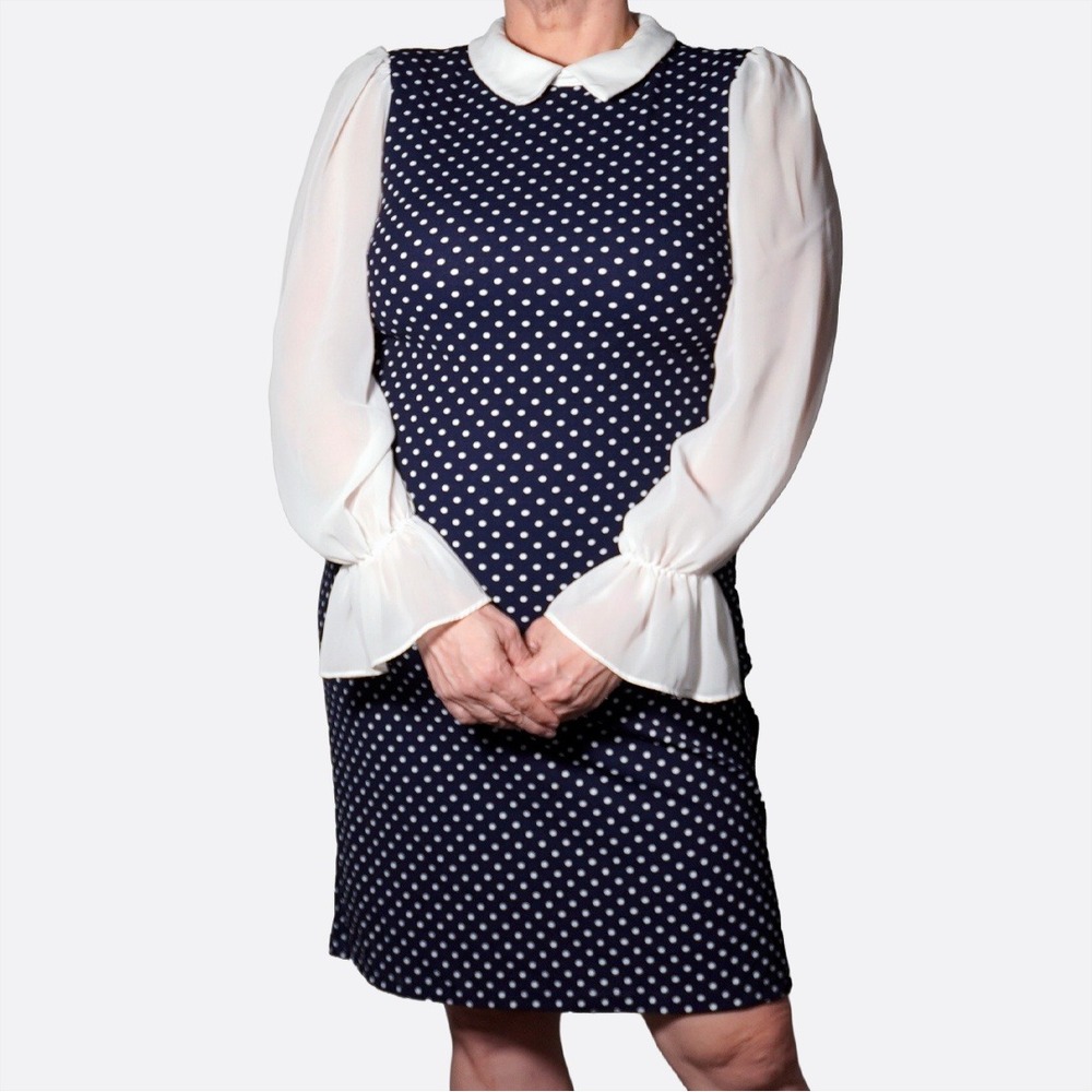 Shelby & Palmer Navy Polka Dot Peter Pan Sheath Dress Bell Sleeve 0X Large Retro